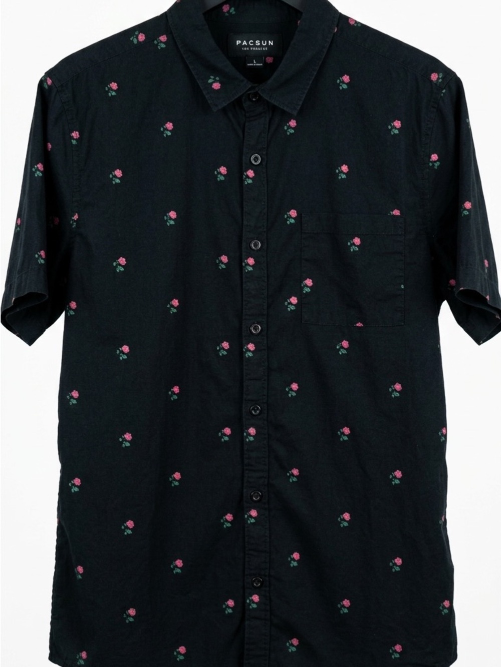PacSun Black Short-Sleeve Button-Down Shirt with Pink Rose Print